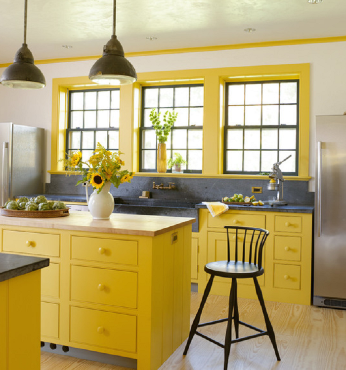Yellow Kitchen Cabinets and Windows