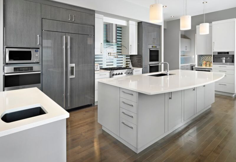 gray and white kitchen cabinets