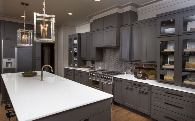 grey kitchen cabinets with white countertops