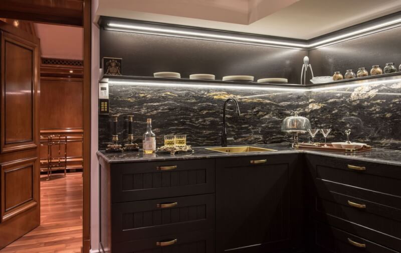 black kitchen cabinets with glass doors