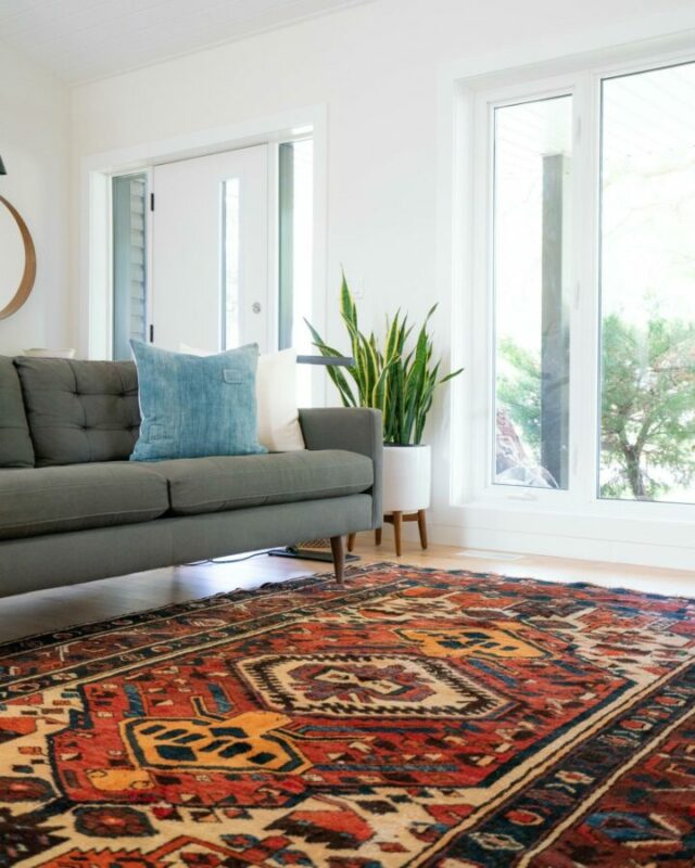 Vibrant, mid-century carpet in a modern home